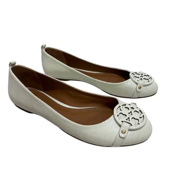 Tory Burch Mini Miller Flats Logo Medallion 9M Cream Embossed Reptile Leather - Picture 2 of 11